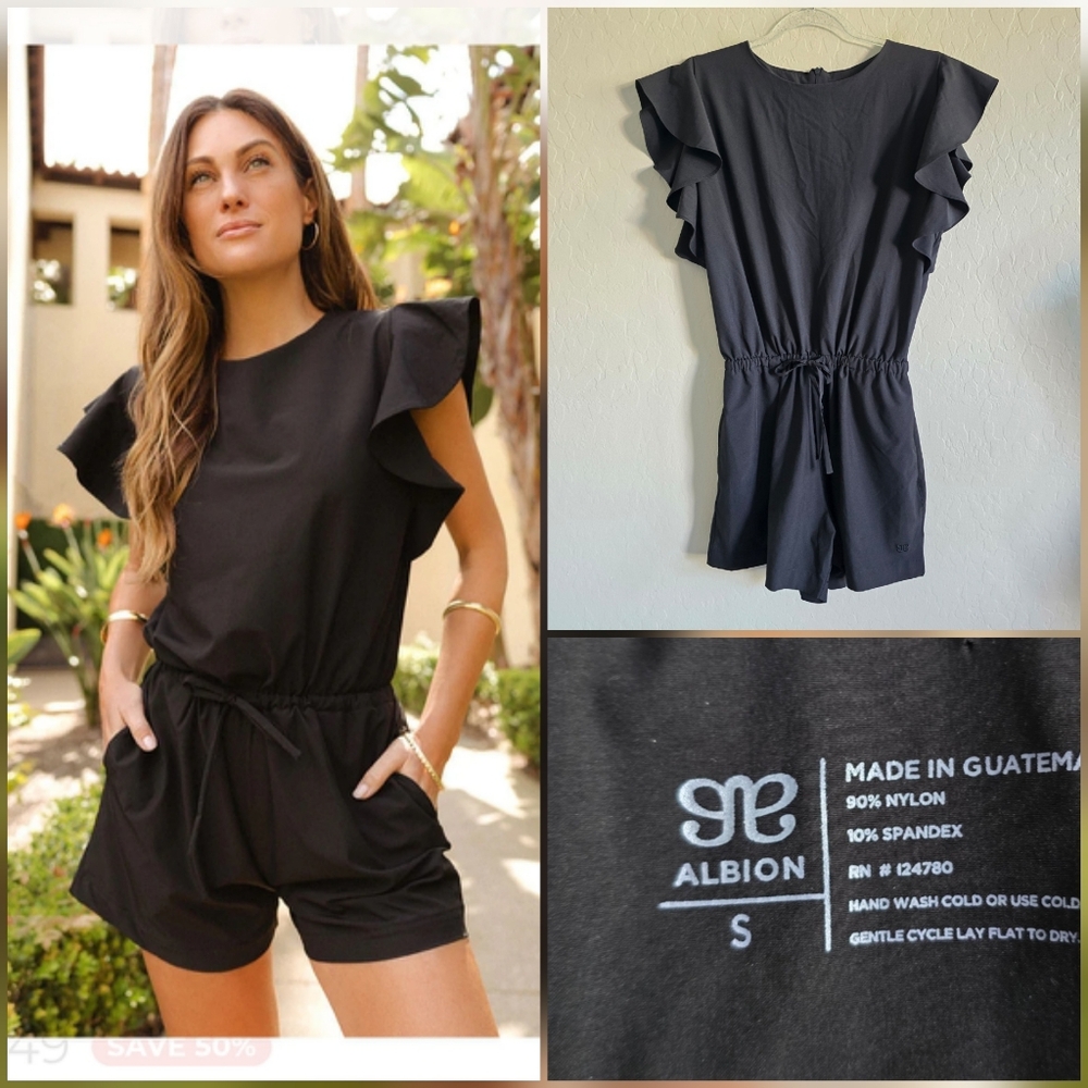 Albion Black 9 To 9 Romper Ruffle Sleeves Pockets Summer Beach